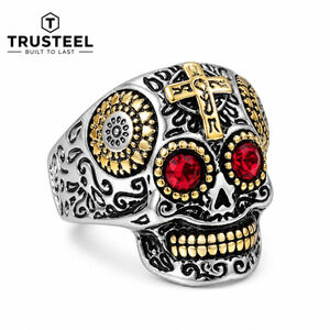 316L Stainless Steel Sugar Skull Ring Red CZ Cross Gothic Biker Men’s Size 10